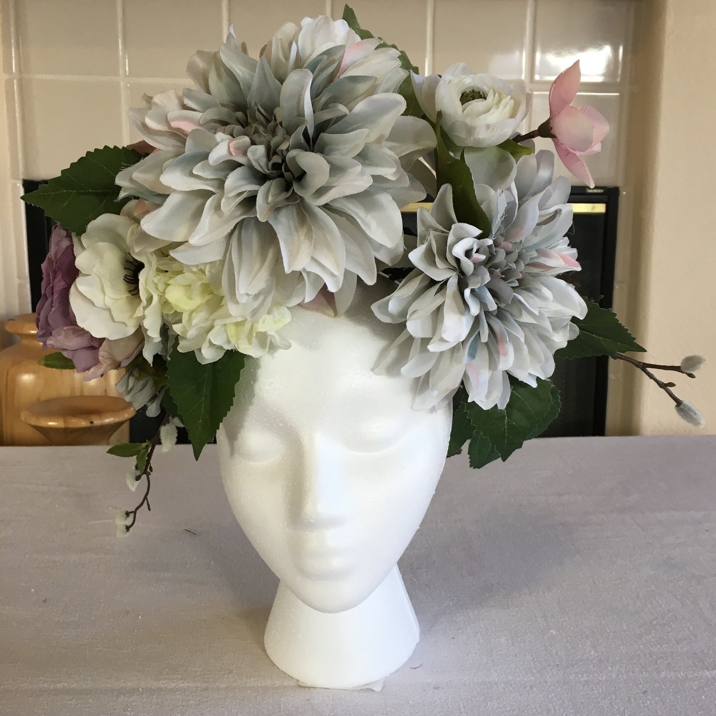 XL Fantasy Wreath - Grey, white, pink w/ pussy willows.