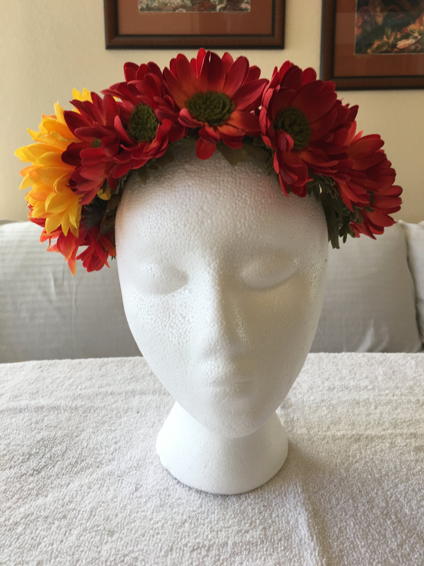 Medium Wreath - Red w/ green centers, & orange, yellow chrysanthemums