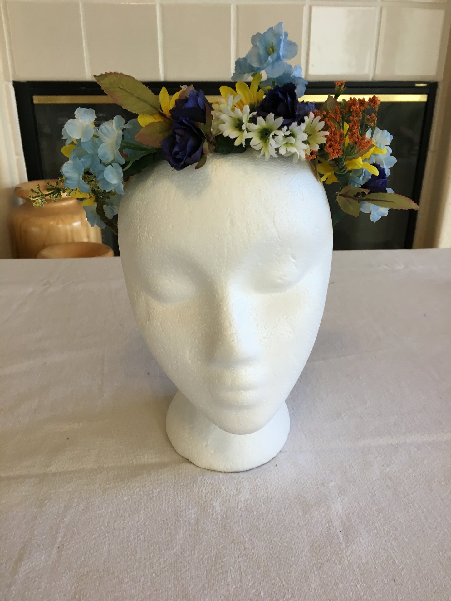 Small Wreath - Baby blue, yellow & navy flowers w/ touch of orange