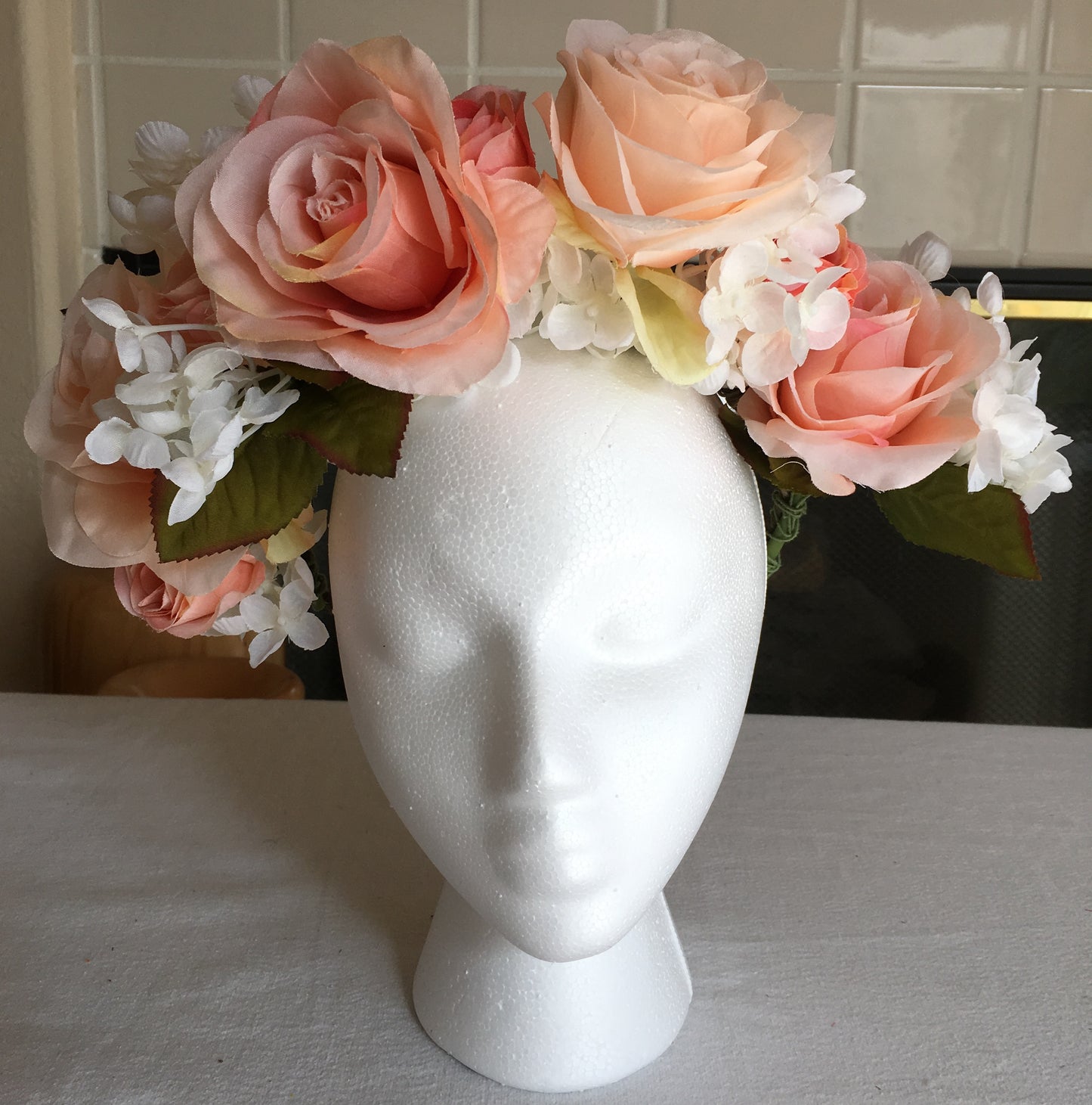 Extra Large Wreath - Peach, pink roses & white hydrangeas