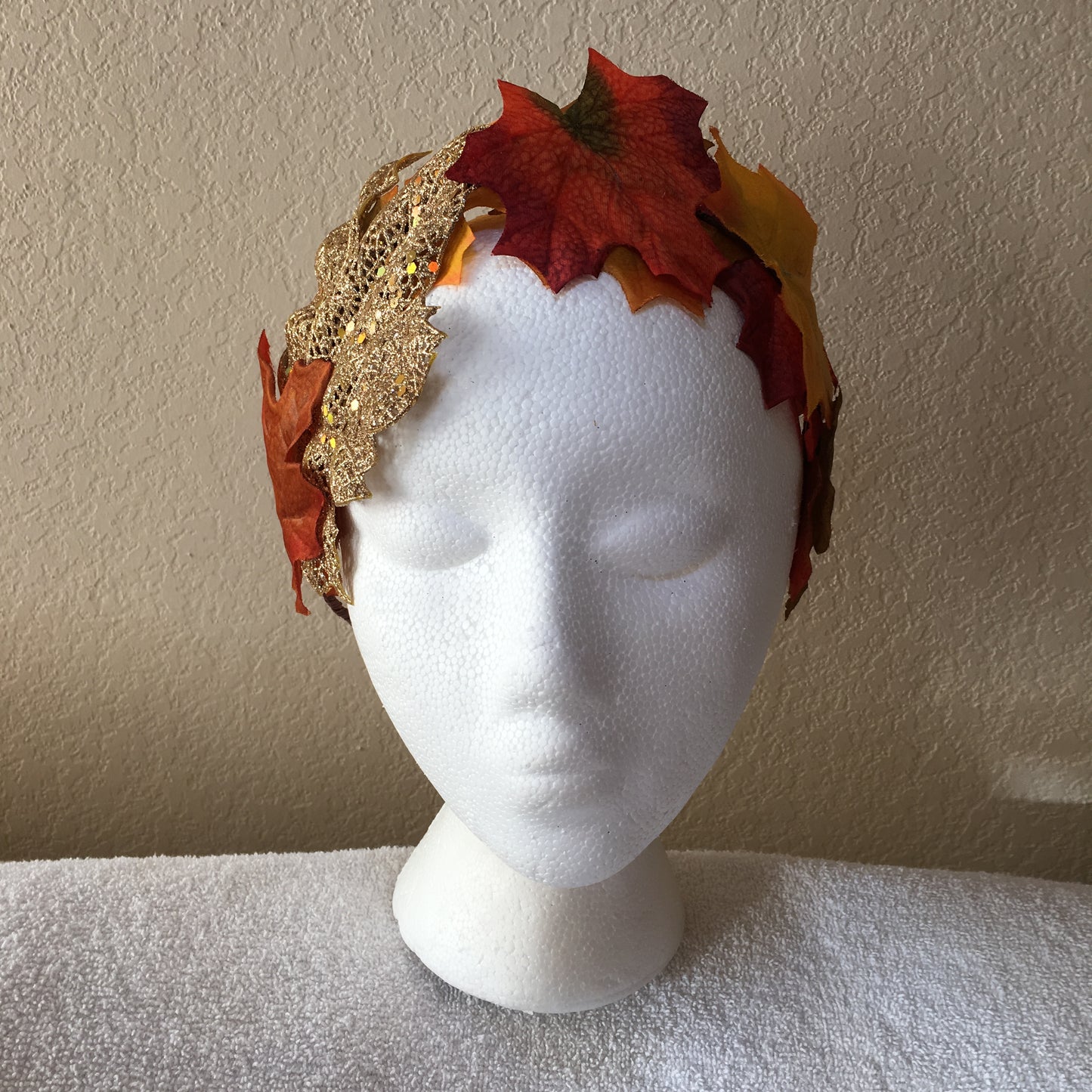 All-Leaf Wreath - Orange, green, & yellow leaves w/one large gold accent leaf