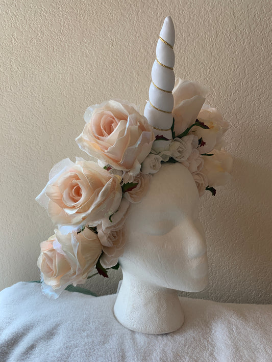 Extra Large Fantasy - Off White Rose Unicorn with White Horn