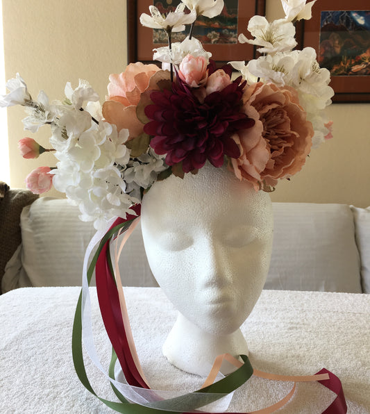 XL Fantasy Wreath - Burgundy & peach w/ white hydrangeas