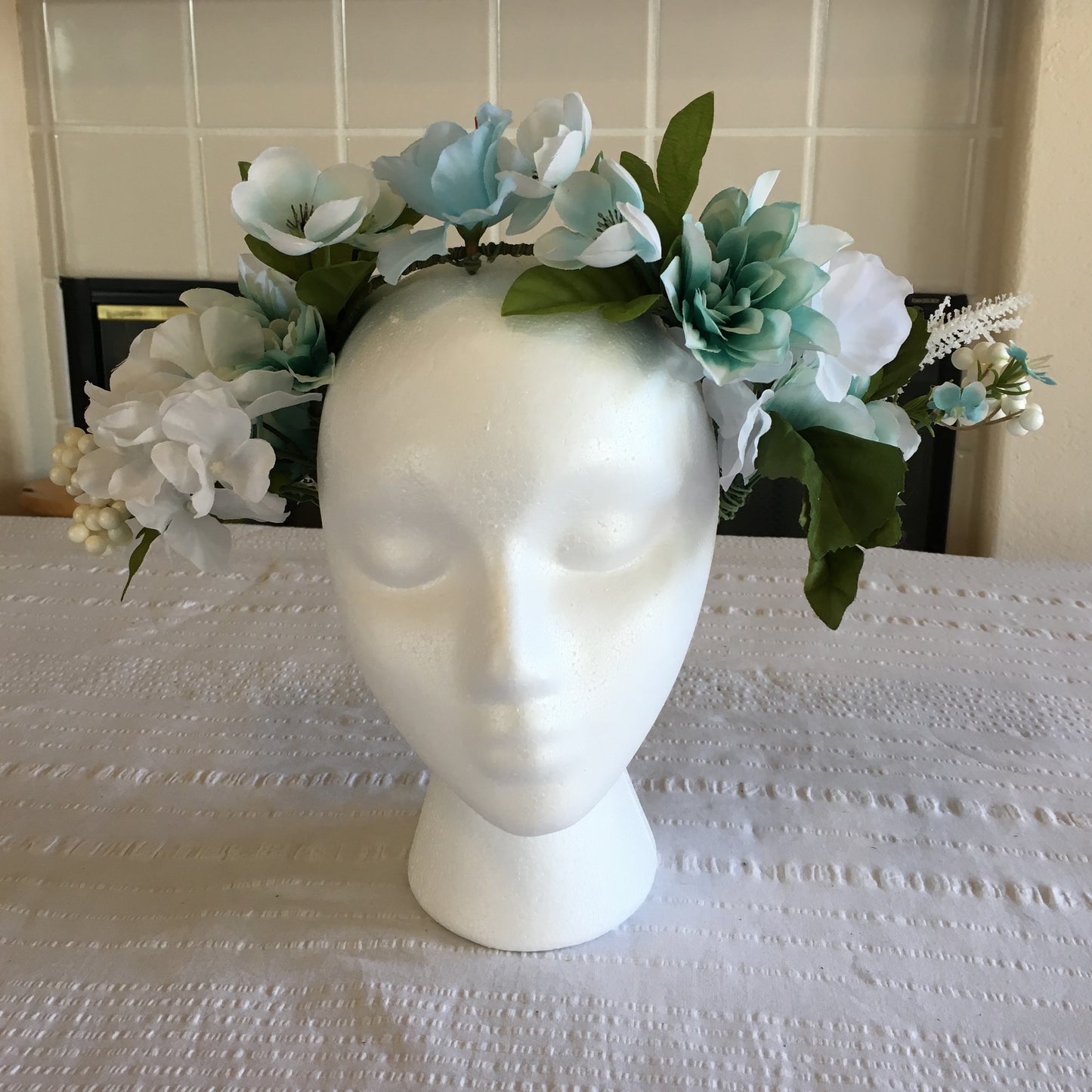 Large Wreath - Green, blues, teal & white flowers w/ white accents