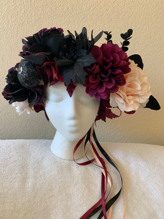 Large Wreath - Black, Burgundy, and Peach Flowers