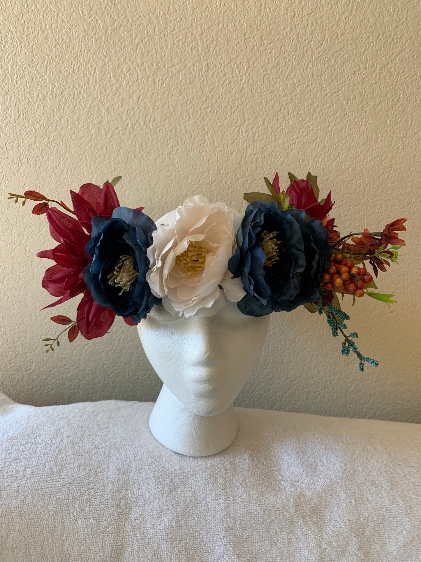 Large Wreath - Burgundy, Dusty Blue, and Off White Flowers