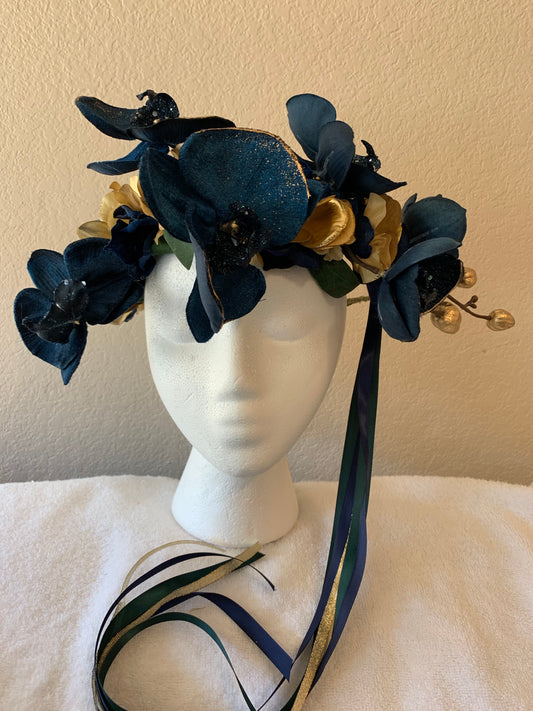 Large Wreath - Navy Blue and Gold Orchids