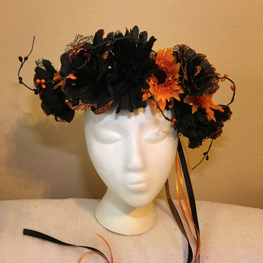 Large Wreath - Black roses w/ orange sparkles & orange flowers