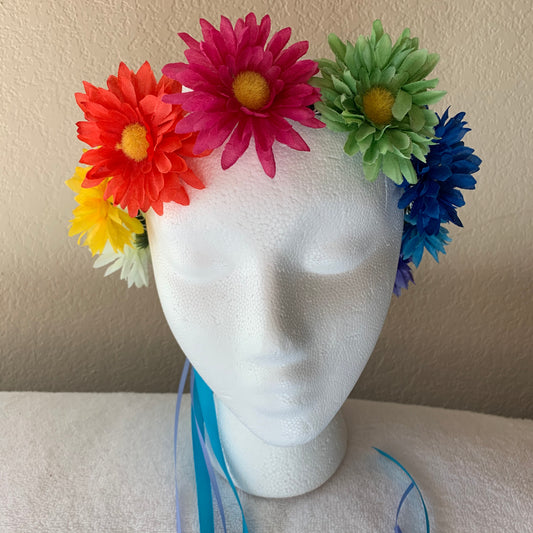 Medium Wreath Lighted - Rainbow Daisies