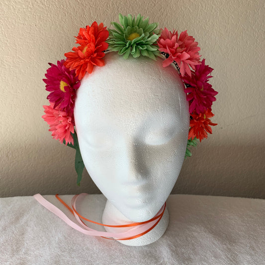Medium Wreath Lighted - Green, Orange, and Dark Pink Daisies