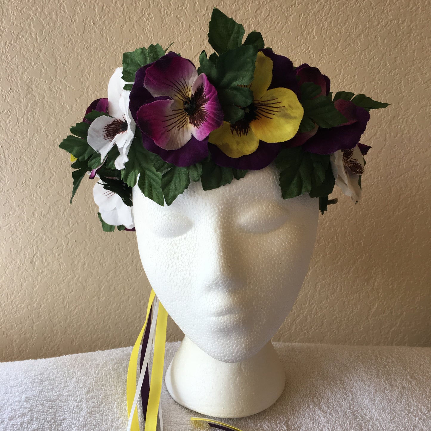 Medium Wreath - White, purple, & yellow pansies (white, purple, & yellow ribbon)