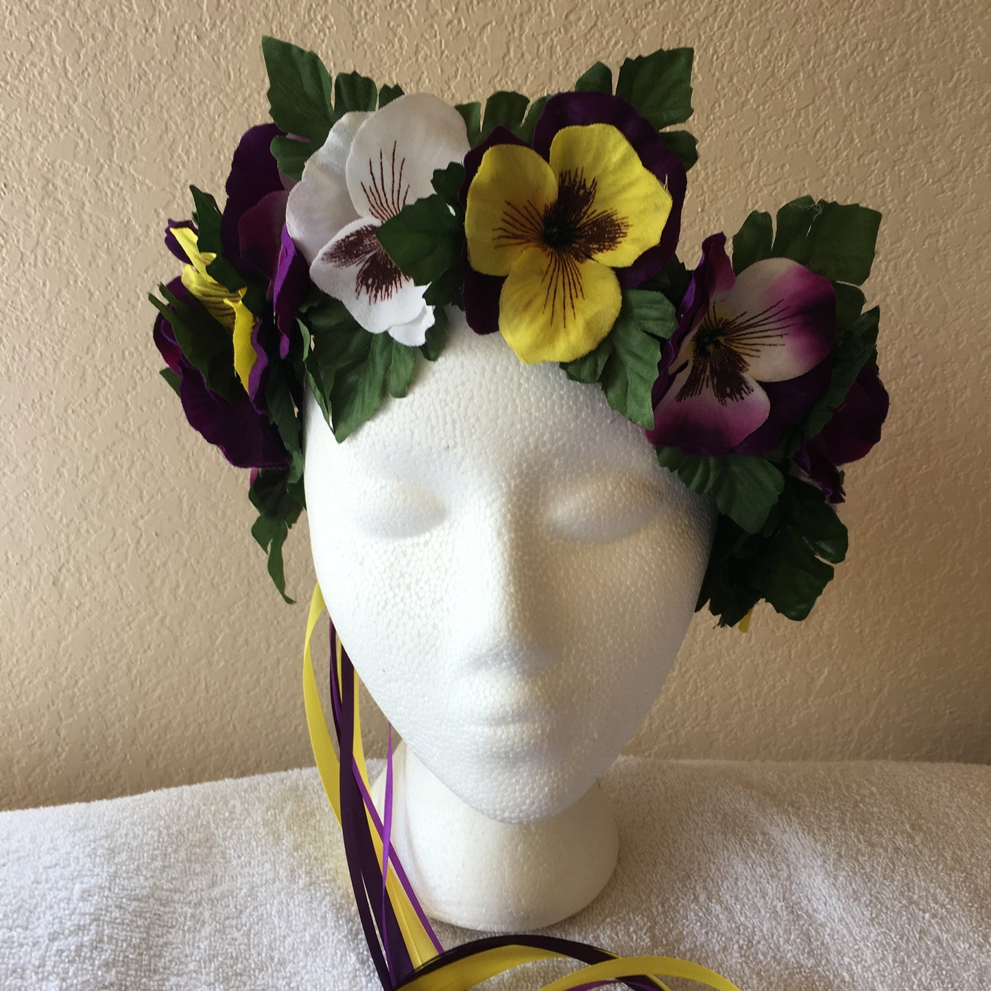 Medium Wreath - White, purple, & yellow pansies (light purple, dark purple, & yellow ribbon)