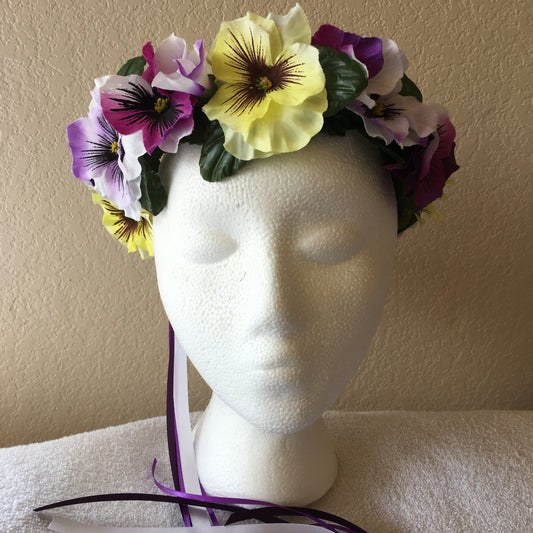 Medium Wreath - White, purple, & yellow pansies (light purple, dark purple, & white ribbon)