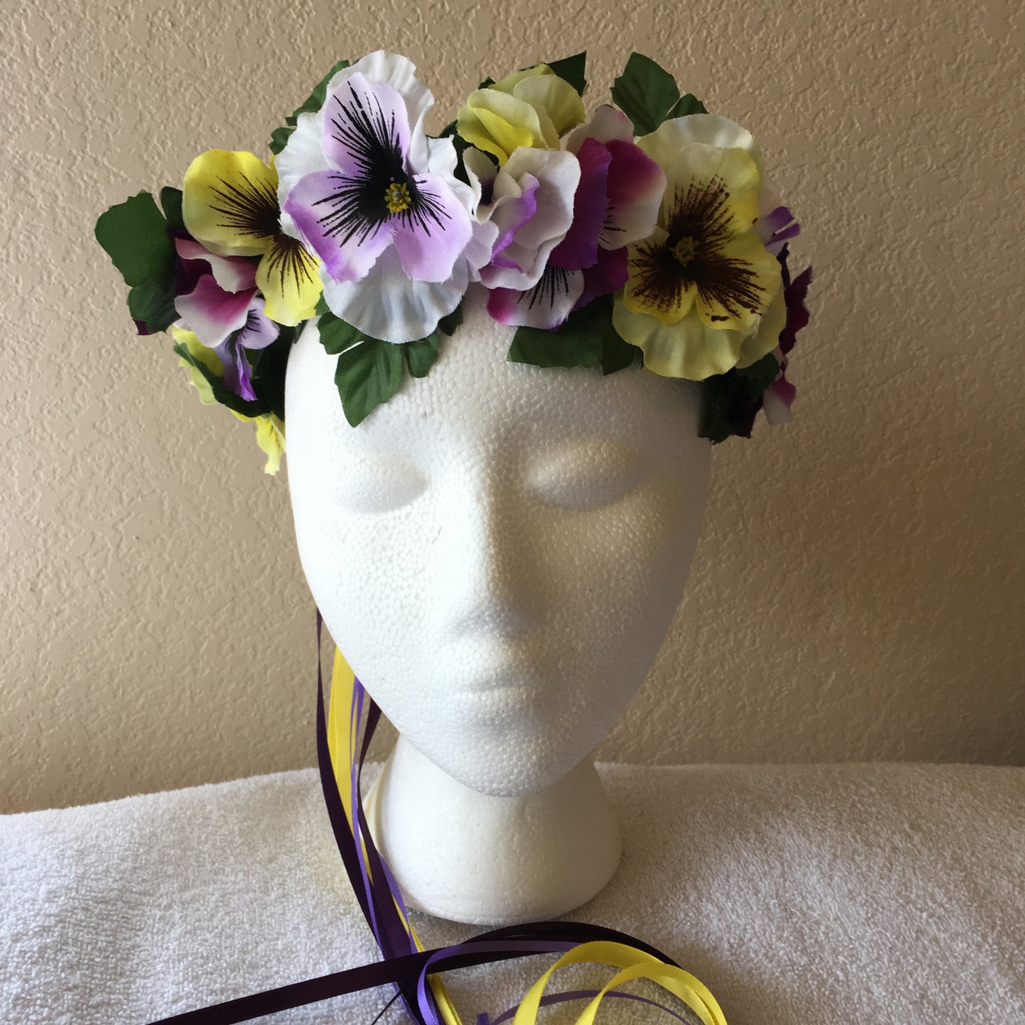 Medium Wreath - White, purple, & yellow pansies (light purple, dark purple, & yellow ribbon)