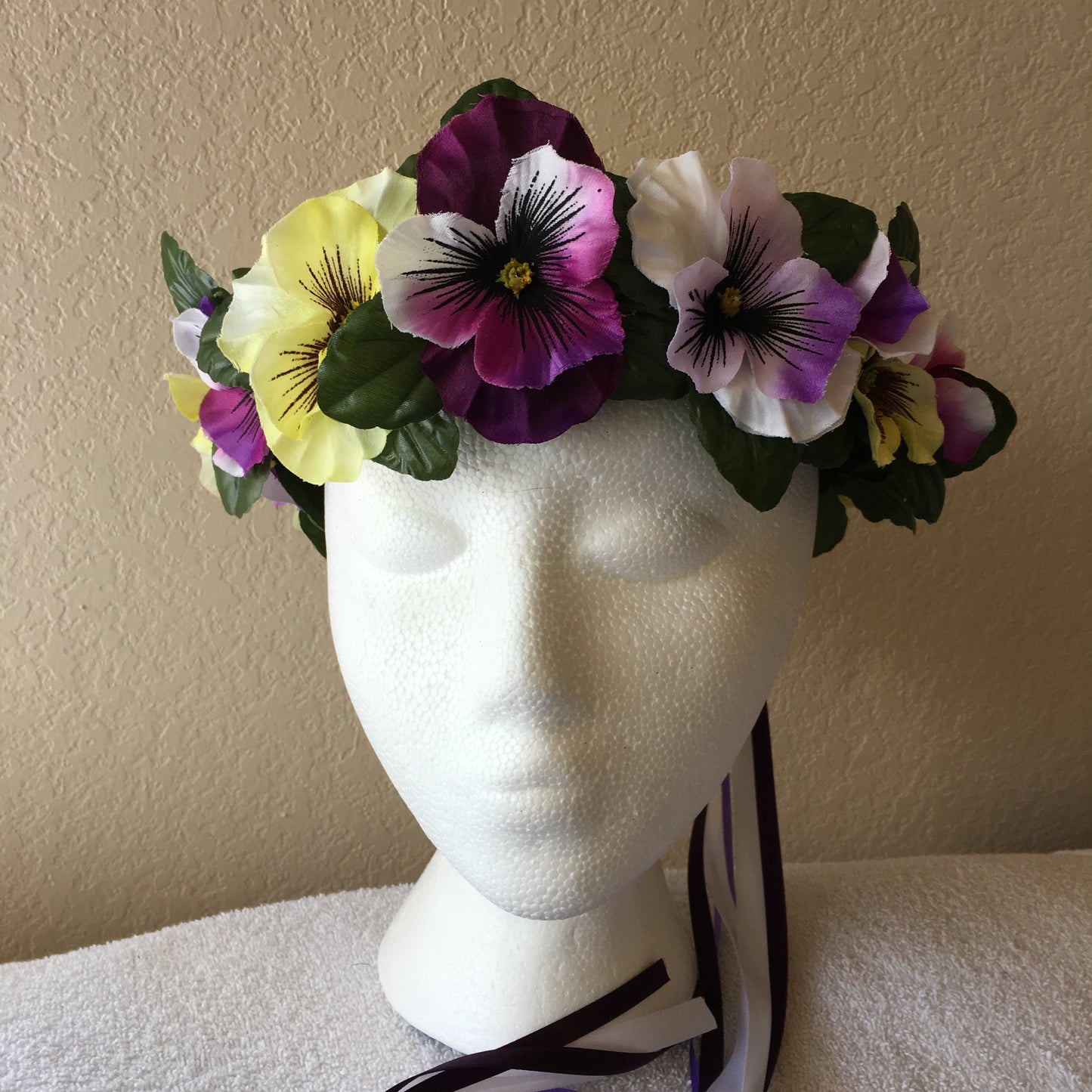 Medium Wreath - White, purple, & yellow pansies (light purple, dark purple, & white ribbon)