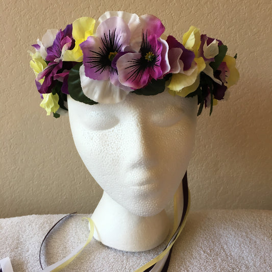 Medium Wreath - White, purple, & yellow pansies (light purple, dark purple, & white ribbon)