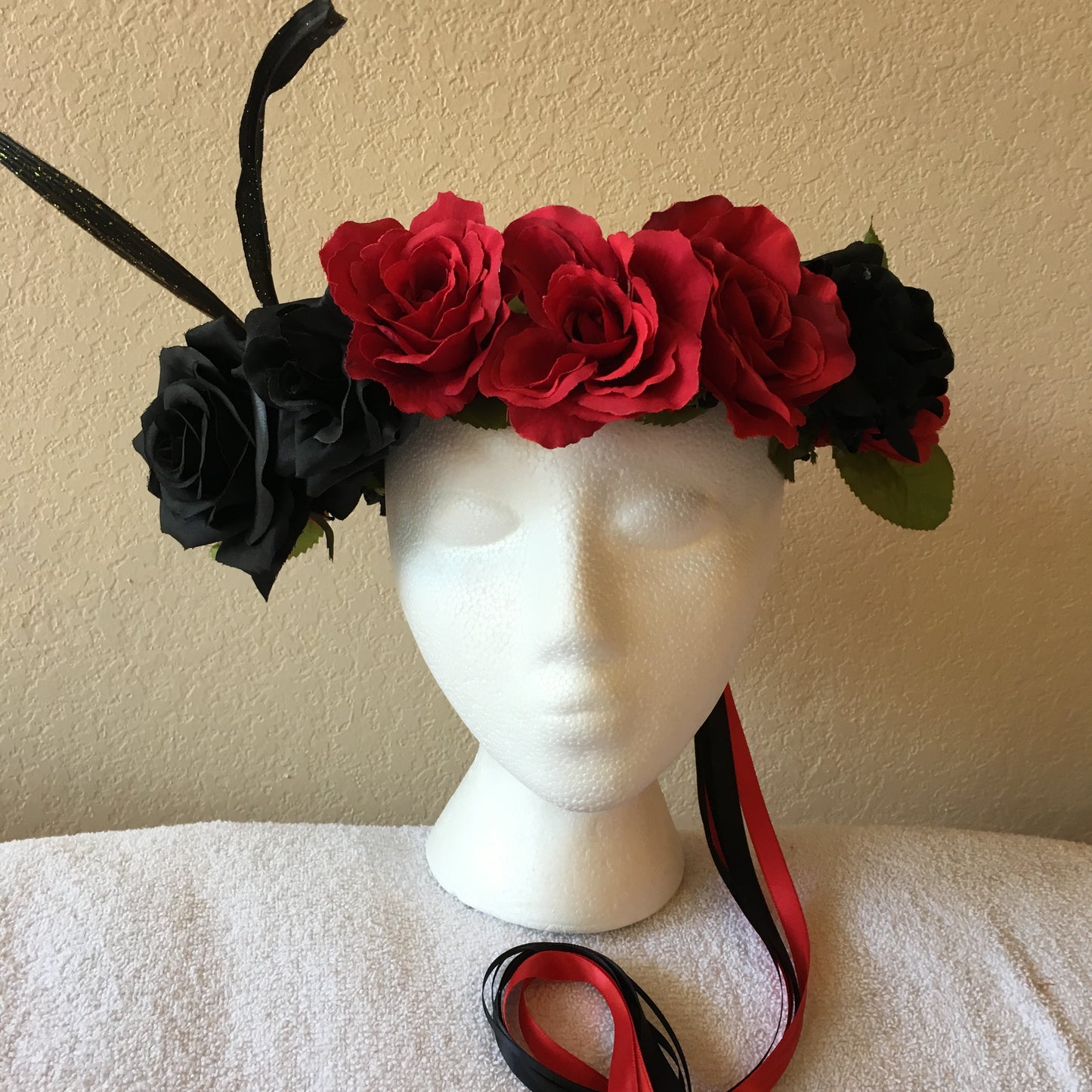 Medium Wreath - Black & red roses w/ black tall leaf accents