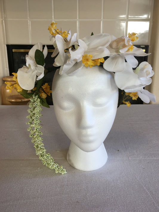 Medium Wreath - White orchids w/ small yellow accents (semi-cascade)