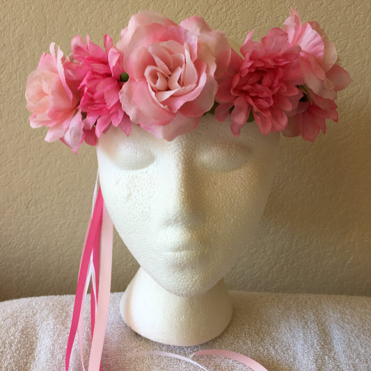 Medium Wreath - Pink & white roses w/ pink fluffies