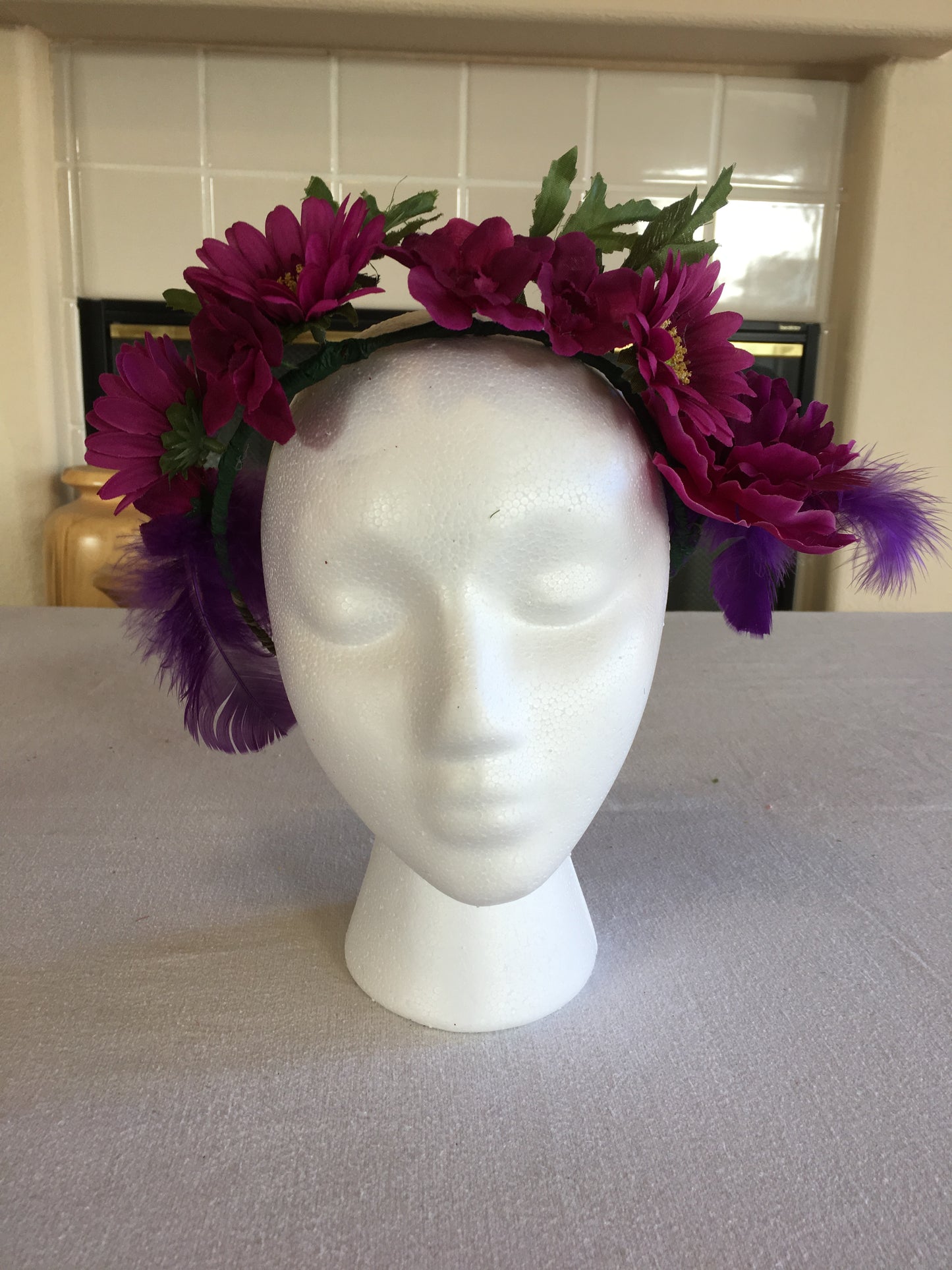 Medium Wreath - Purple daisies w/ purple feathers
