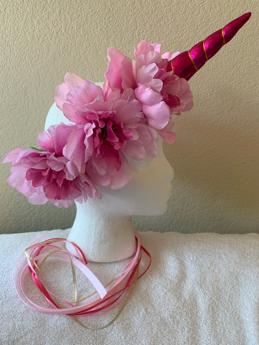 Medium Wreath - Pink and Hot Pink Flowered Unicorn - Hot Pink Horn