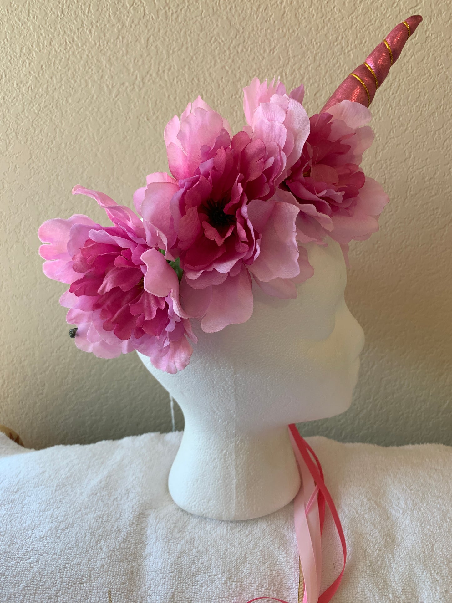 Medium Wreath - Pink and Hot Pink Flowered Unicorn - Medium Pink Horn