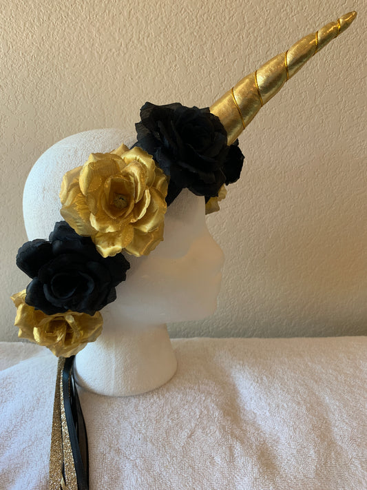 Medium Wreath - Black and Gold Rose Unicorn