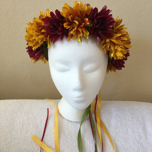 Medium Wreath - Shiny burgundy & yellow mums