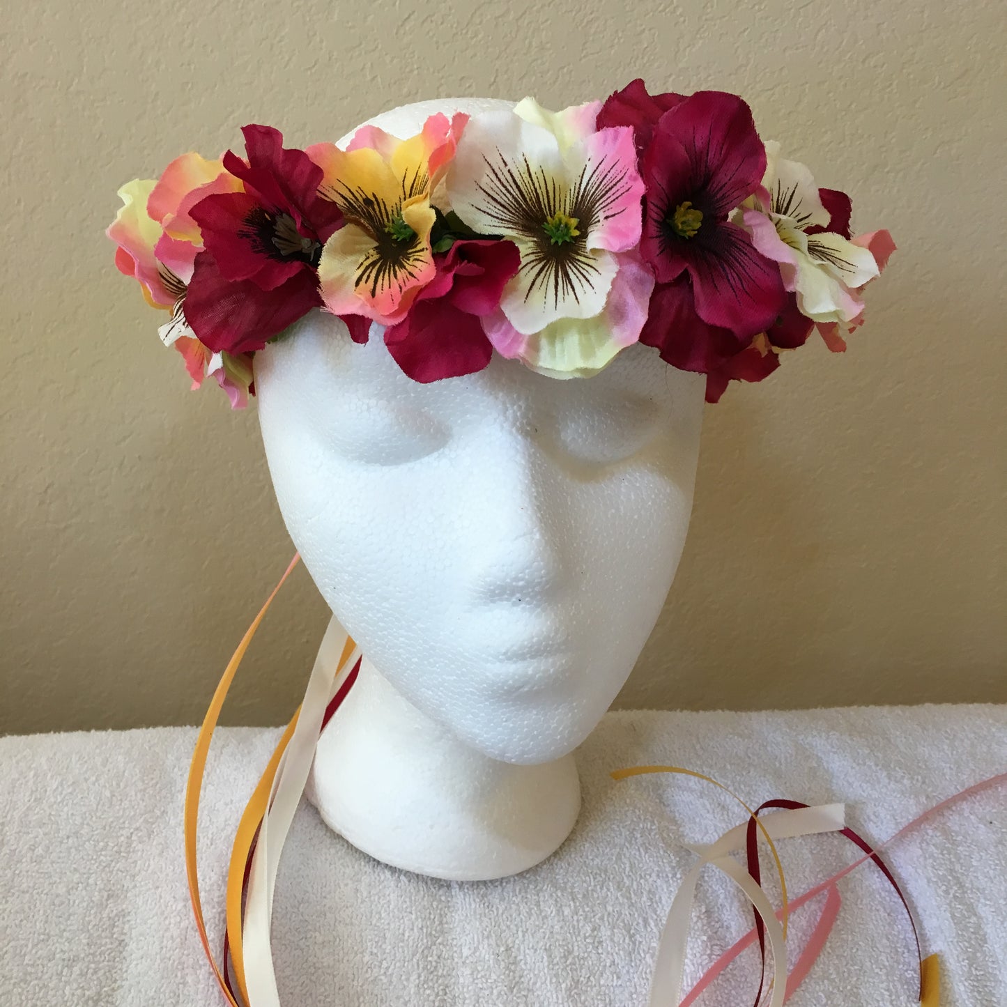 Medium Wreath - Pink, yellow & burgundy pansies