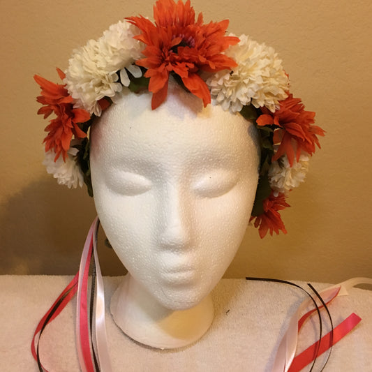 Medium Wreath - Fuzzy orange daisies w/ off white pompoms