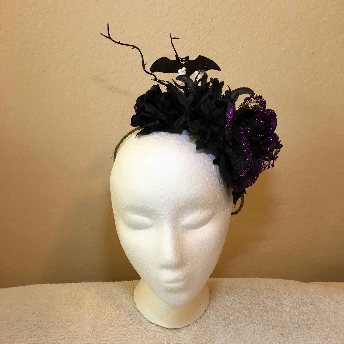Side Wreath - Purple sparkly & black roses, "Betty" w/ white balls
