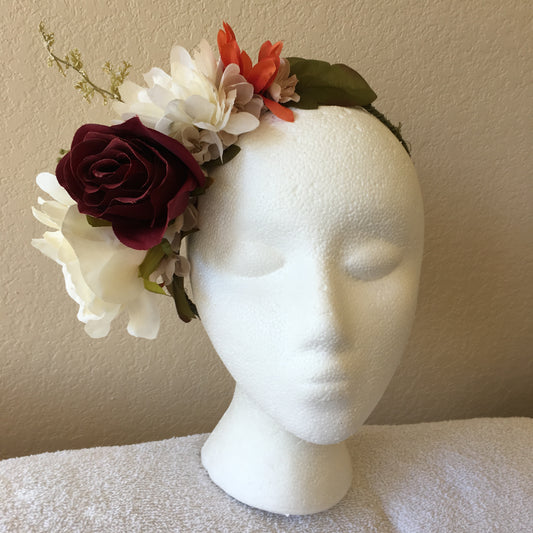 Side Wreath - Beige & burgundy roses w/ a small orange flowers