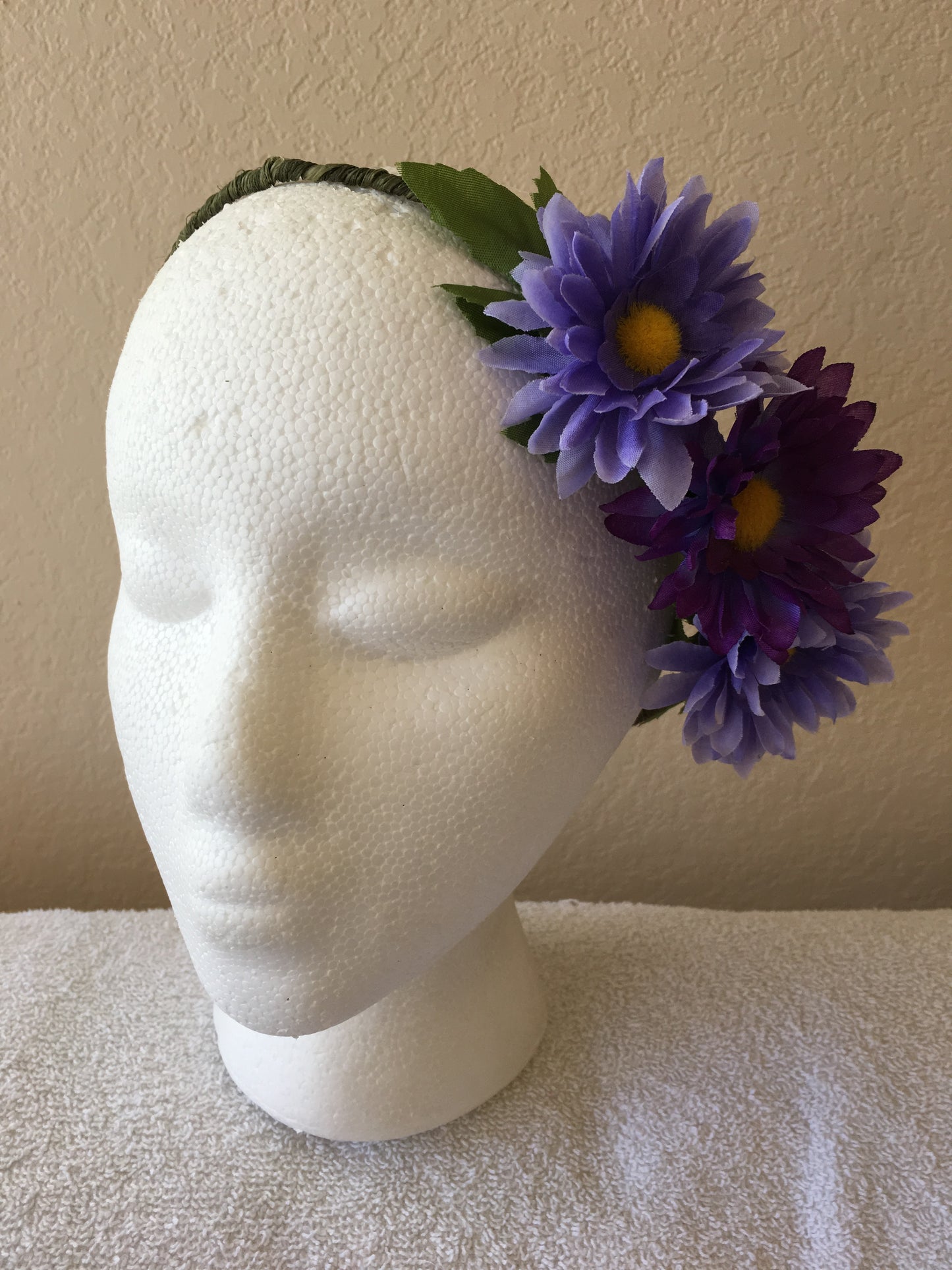 Side Wreath - Two light purple daisies & one dark purple daisy