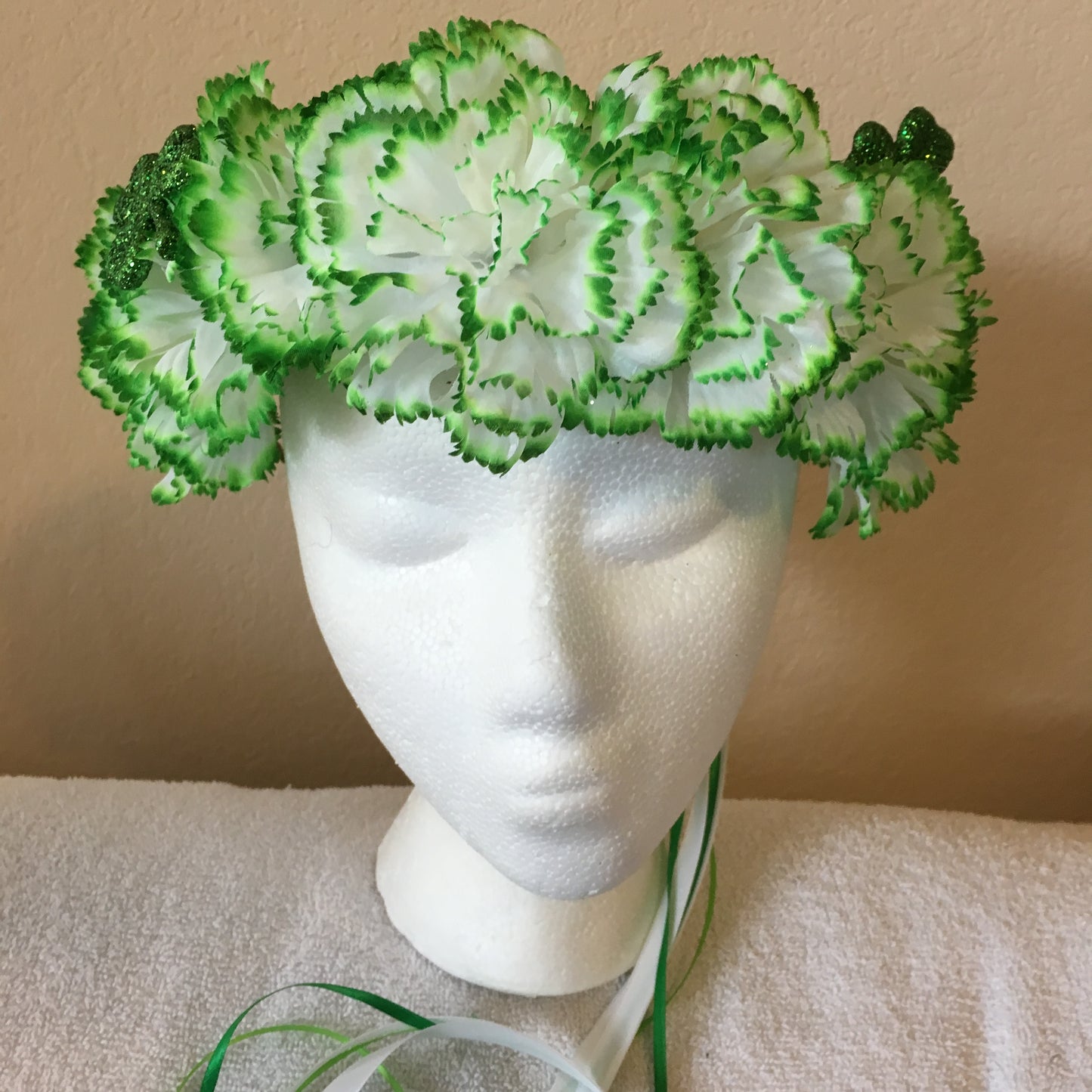 Show Special Wreath - All green tipped white carnations w/ two shamrock accents