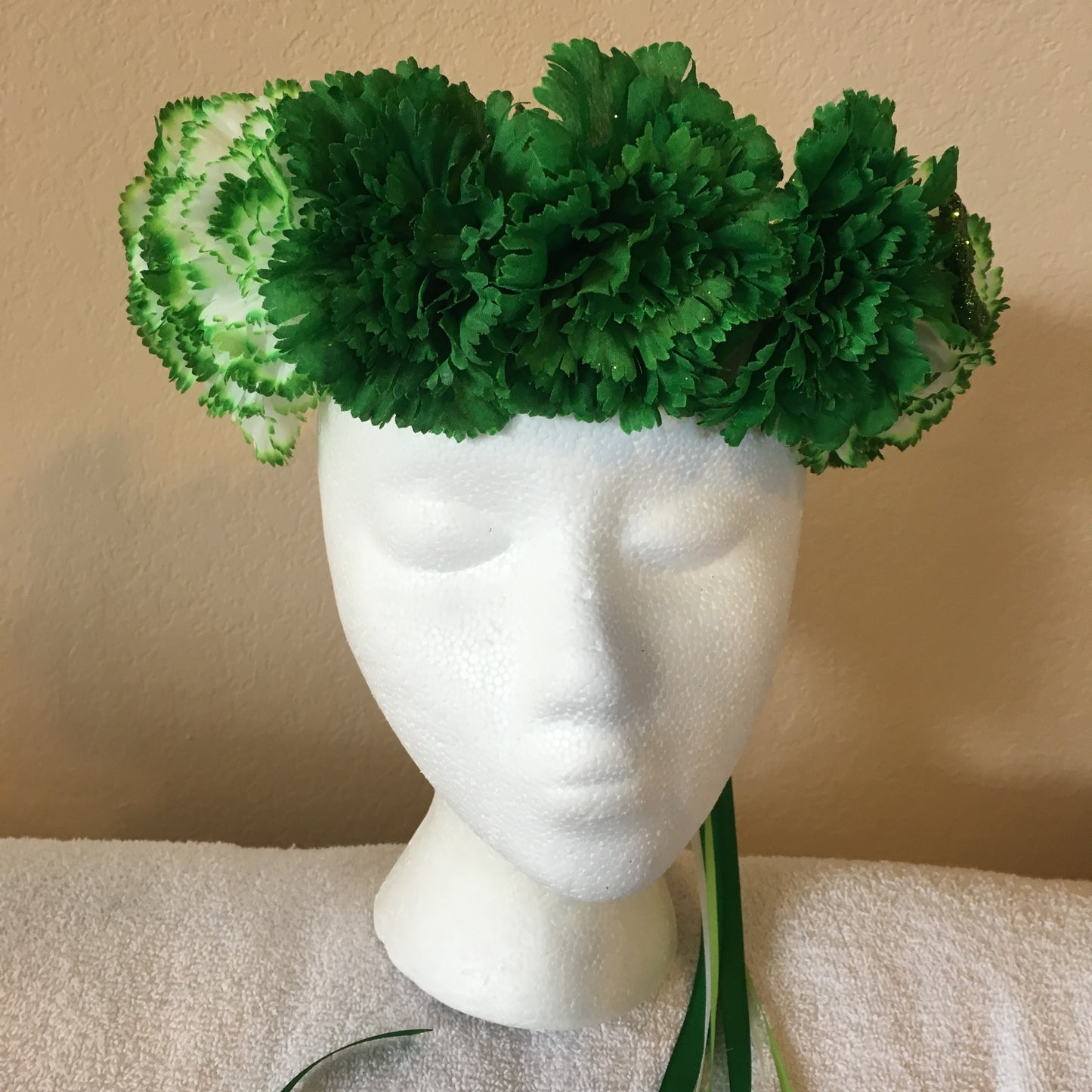 Show Special Wreath - Three dark green & six green tipped white carnations w/ one shamrock accent