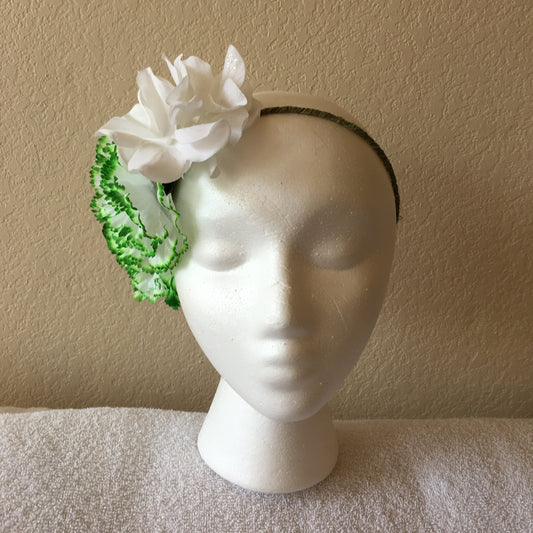 Show Special Side Wreath - White carnations tipped w/ green & hydrangeas w/ one shamrock