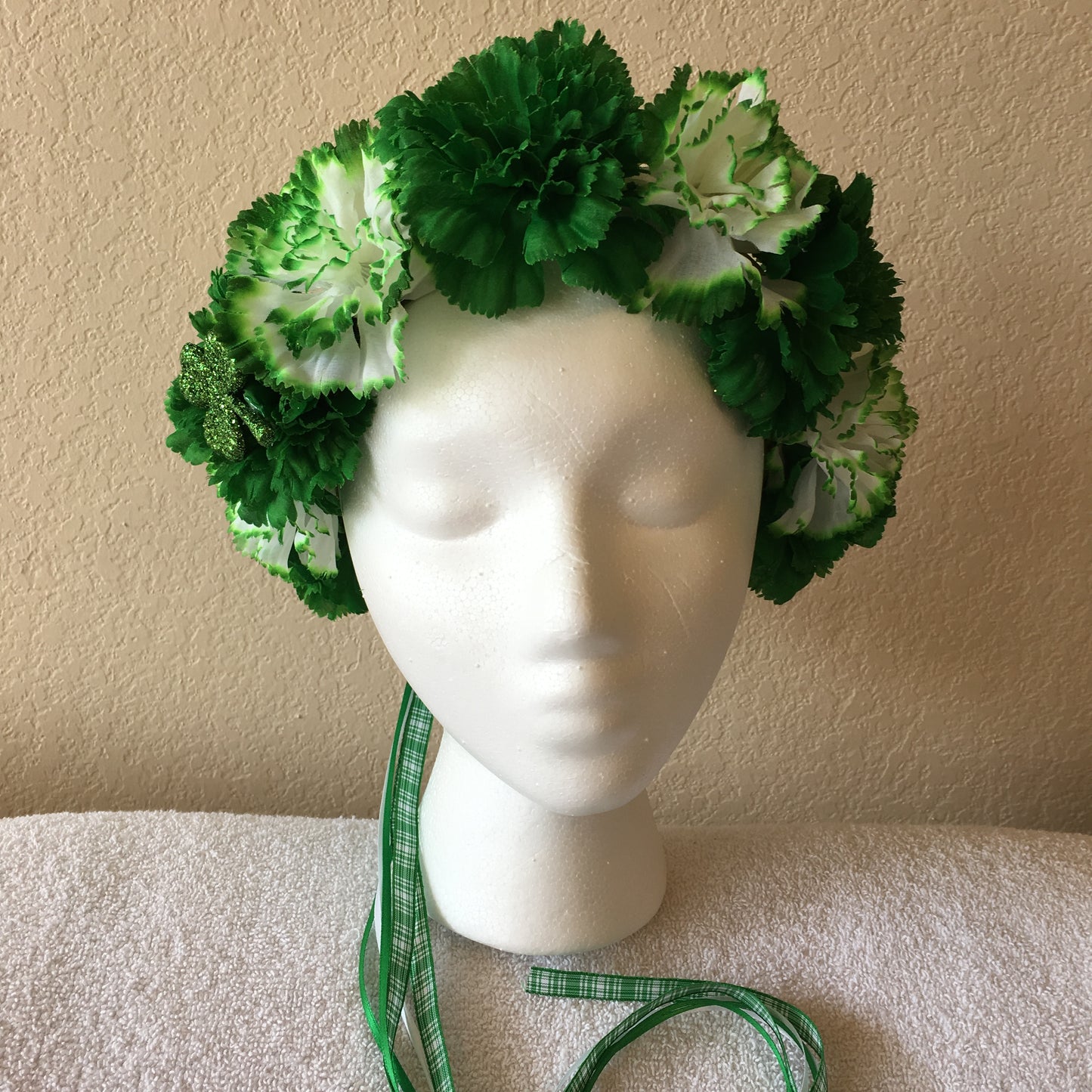 Show Special Wreath - Dark green carnations w/ tipped white & green carnations w/ one shamrock