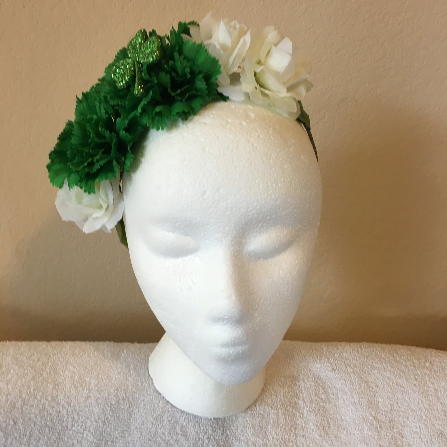 Show Special Side Wreath - Two green carnations, three roses w/ one shamrock accent