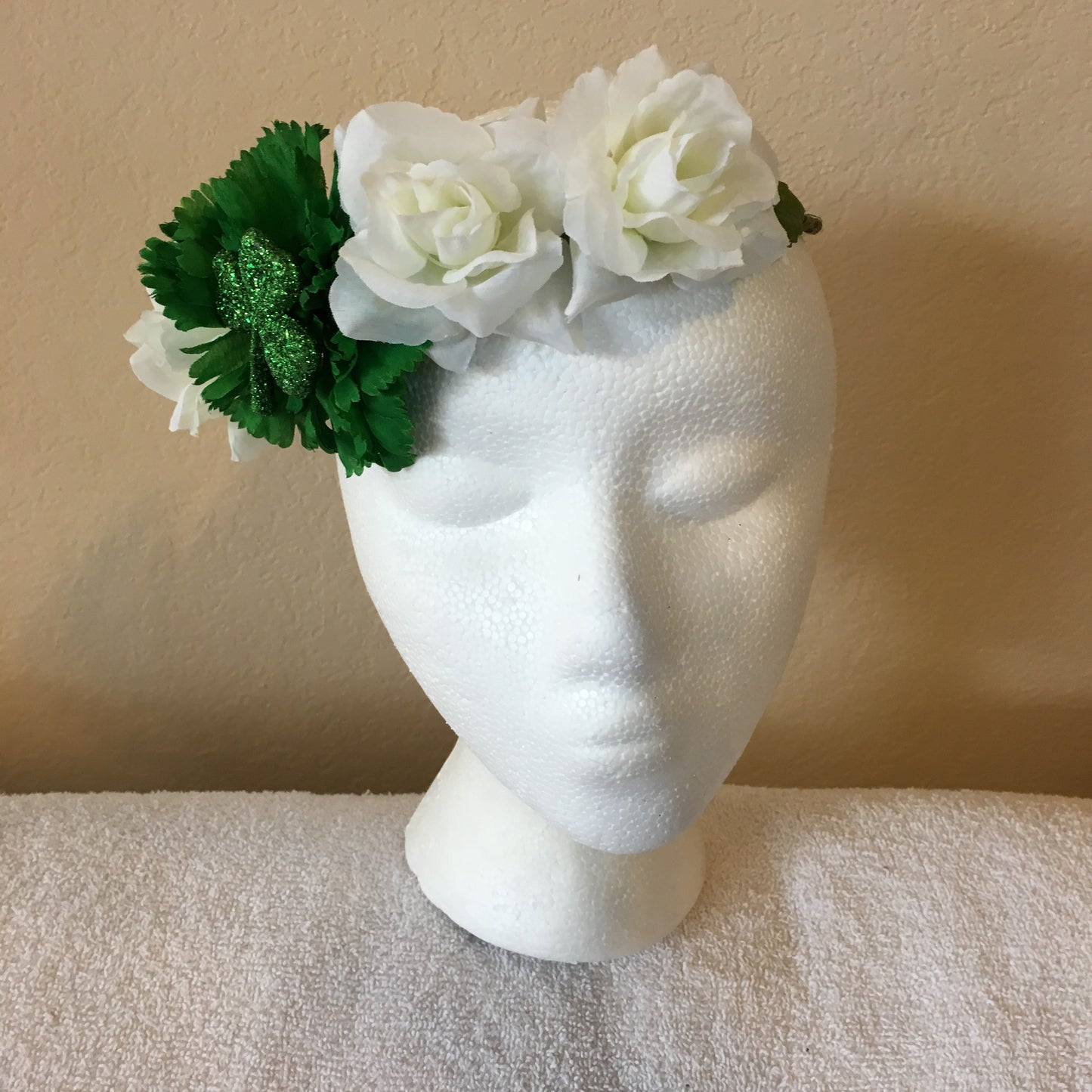 Show Special Side Wreath - One green carnations w/ three white roses w/ one shamrock accent