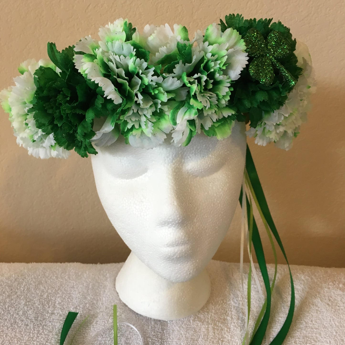 Show Special Wreath - Two dark green carnations w/ green & white carnations w/ one shamrock