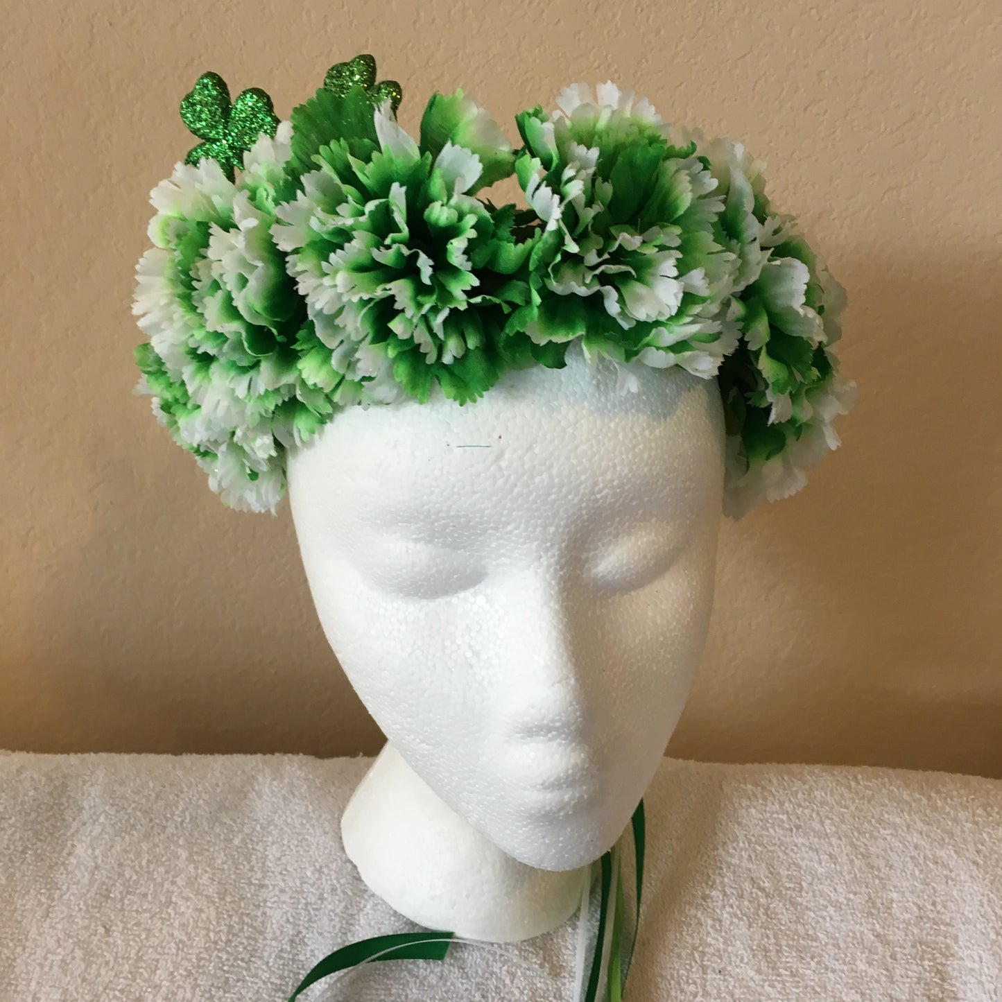 Show Special Wreath - Green & white carnations w/ two shamrock accents