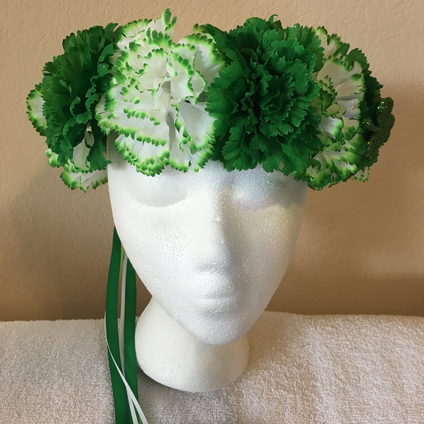 Show Special Wreath - Dark green carnations w/ tipped white & green carnations w/ one shamrock
