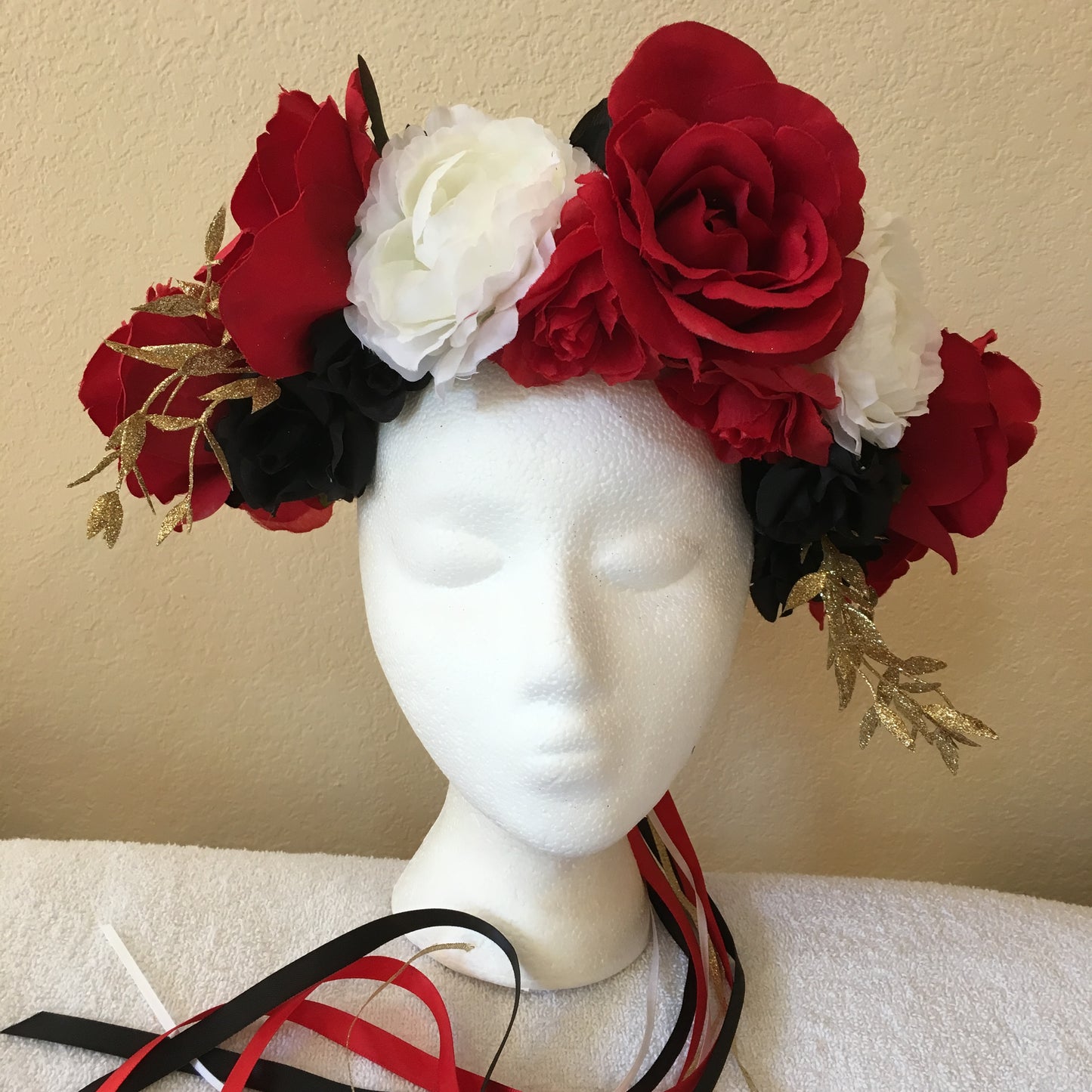 Extra Large Wreath - Black, red & white roses w/ gold accents