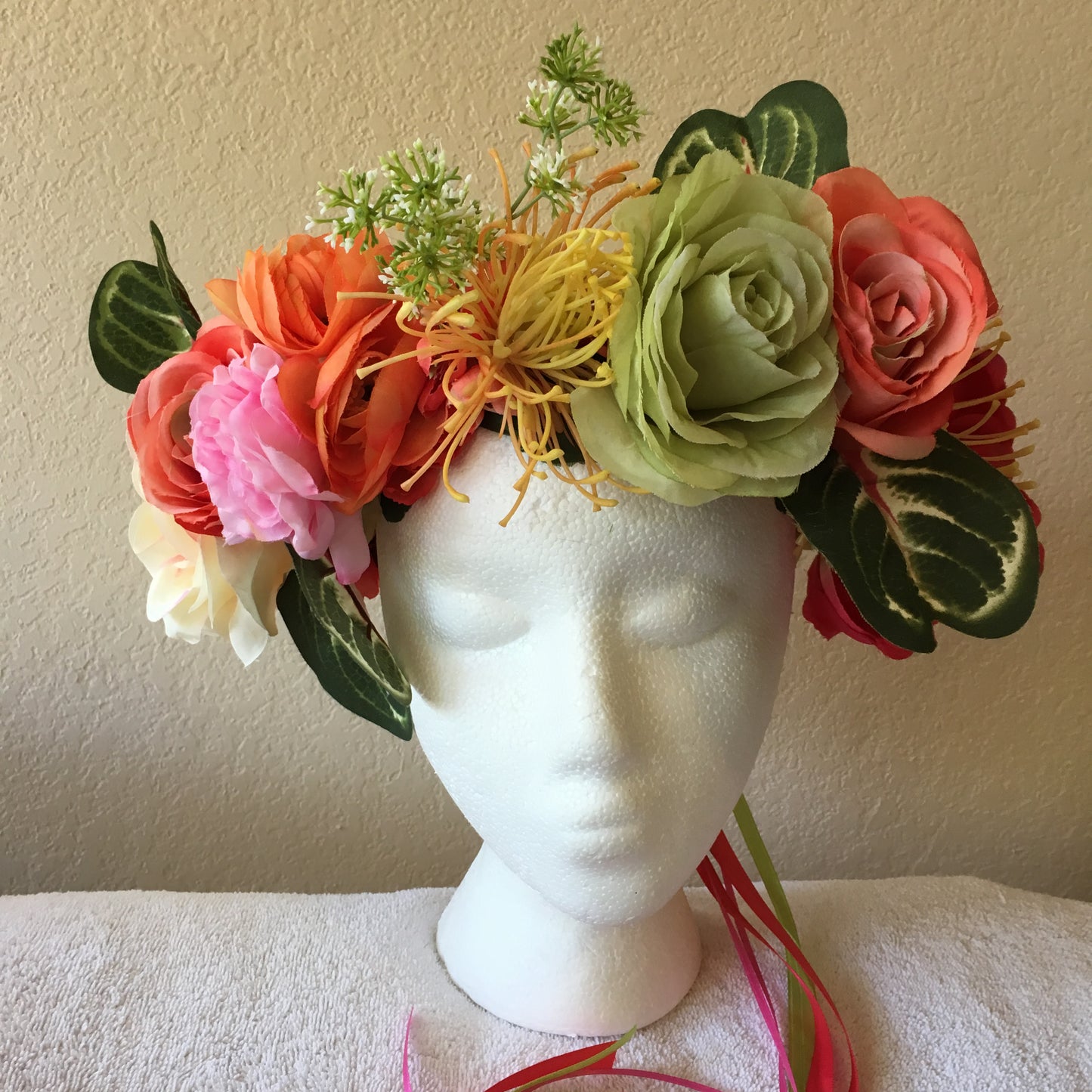 Extra Large Wreath - Orange, pink, bright green w/ yellow spiky flowers